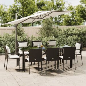 9 Piece Garden Dining Set with Cushions Black Poly Rattan