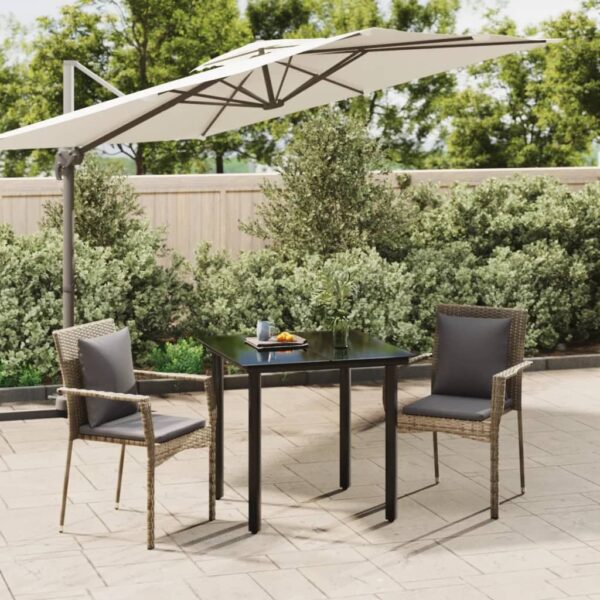 3 Piece Garden Dining Set with Cushions Black and Grey Poly Rattan