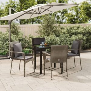 5 Piece Garden Dining Set with Cushions Black and Grey Poly Rattan