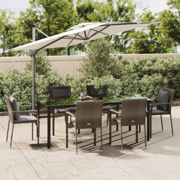 7 Piece Garden Dining Set with Cushions Black and Grey Poly Rattan