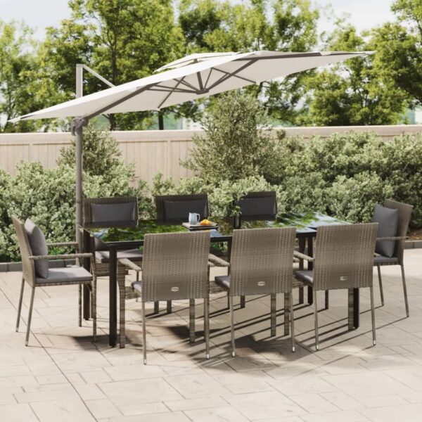 9 Piece Garden Dining Set with Cushions Black and Grey Poly Rattan