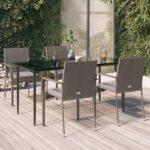 5 Piece Garden Dining Set with Cushions Black and Grey Poly Rattan