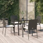 5 Piece Garden Dining Set with Cushions Black Poly Rattan