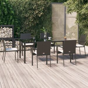 7 Piece Garden Dining Set with Cushions Black Poly Rattan