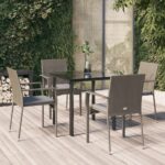 5 Piece Garden Dining Set with Cushions Black and Grey Poly Rattan