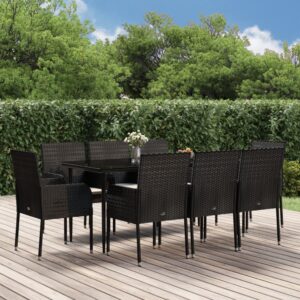 9 Piece Garden Dining Set with Cushions Black Poly Rattan