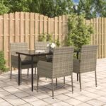 5 Piece Garden Dining Set with Cushions Black and Grey Poly Rattan