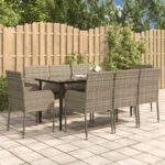 9 Piece Garden Dining Set with Cushions Black and Grey Poly Rattan