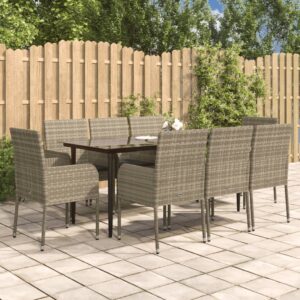 9 Piece Garden Dining Set with Cushions Black and Grey Poly Rattan