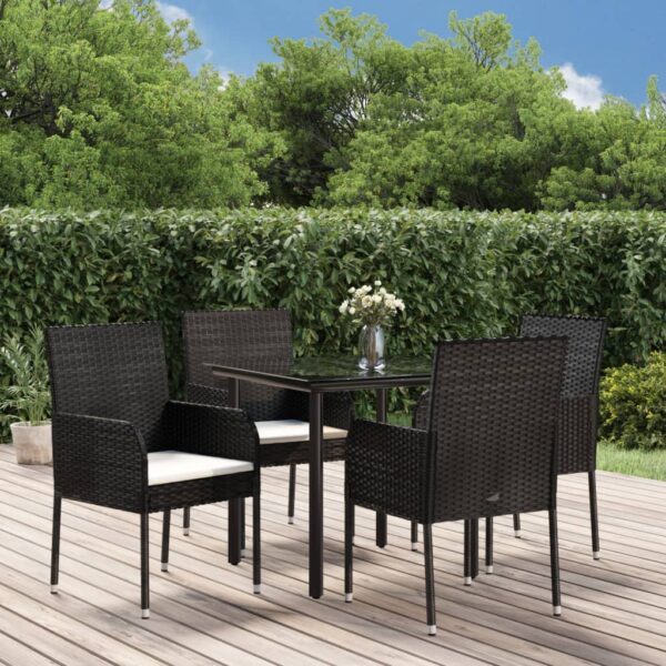 5 Piece Garden Dining Set with Cushions Black Poly Rattan