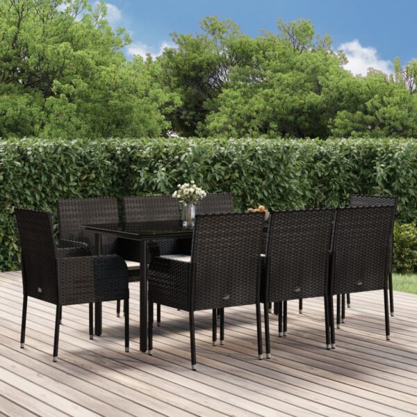 9 Piece Garden Dining Set with Cushions Black Poly Rattan