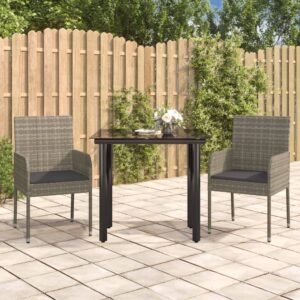 Stylish 3 Piece Garden Dining Set with Cushions in Black and Grey Poly Rattan