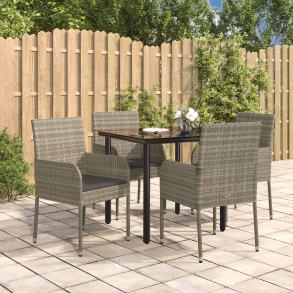 5 Piece Garden Dining Set with Cushions Black and Grey Poly Rattan