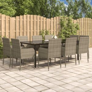 11 Piece Garden Dining Set with Cushions Black and Grey Poly Rattan