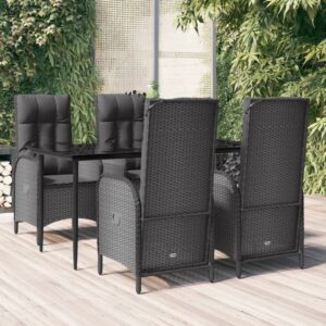 5 Piece Garden Dining Set with Cushions Black Poly Rattan