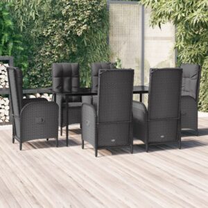 7 Piece Garden Dining Set with Cushions Black Poly Rattan