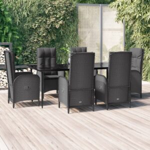 7 Piece Garden Dining Set with Cushions Black Poly Rattan