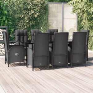 9 Piece Garden Dining Set with Cushions Black Poly Rattan