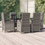 7 Piece Garden Dining Set with Cushions Black and Grey Poly Rattan