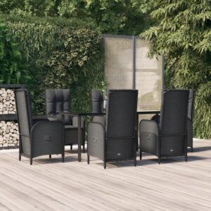 7 Piece Garden Dining Set with Cushions Black Poly Rattan