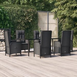 7 Piece Garden Dining Set with Cushions Black Poly Rattan