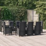 9 Piece Garden Dining Set with Cushions Black Poly Rattan