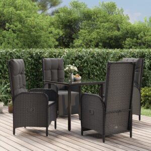 5 Piece Garden Dining Set with Cushions Black Poly Rattan