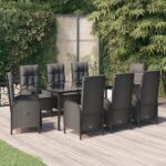 9 Piece Garden Dining Set with Cushions Black Poly Rattan