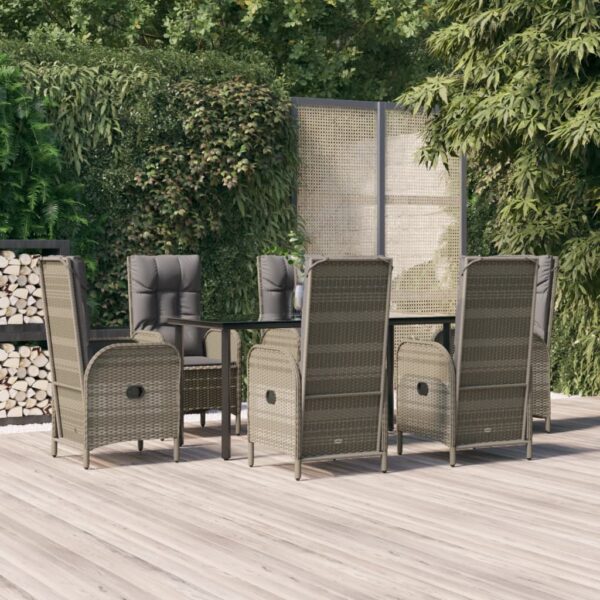 7 Piece Garden Dining Set with Cushions Black and Grey Poly Rattan