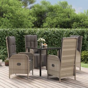 5 Piece Garden Dining Set with Cushions Black and Grey Poly Rattan