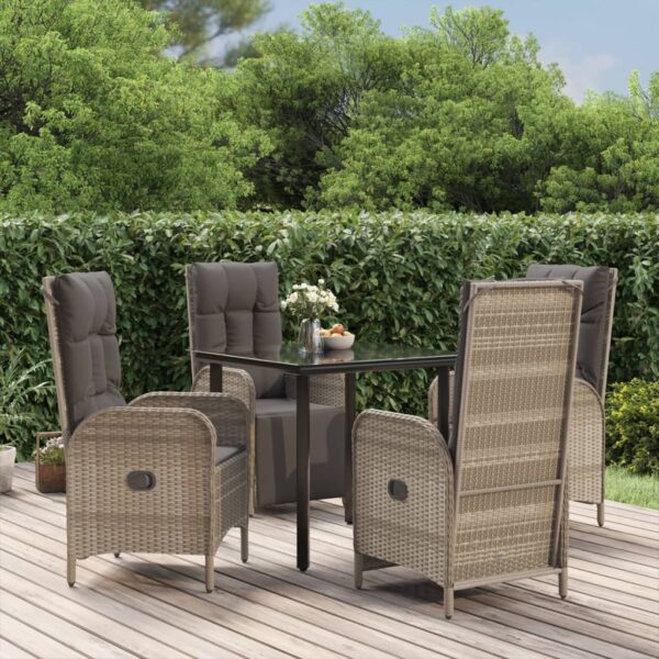 5 Piece Garden Dining Set with Cushions Black and Grey Poly Rattan