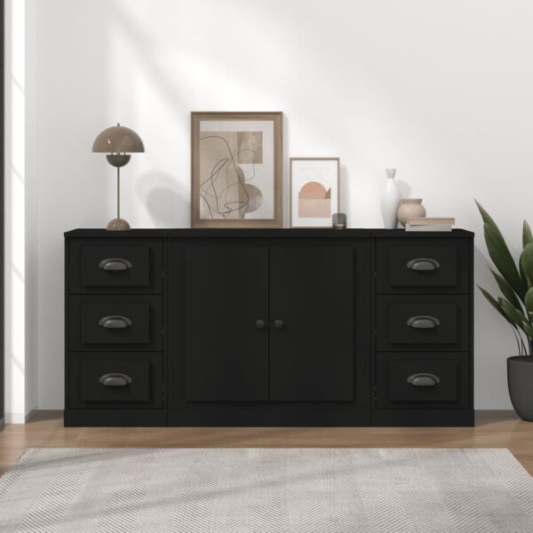 Classic Black Sideboards Set of 3  Engineered Wood  Ample Storage  Home Decor