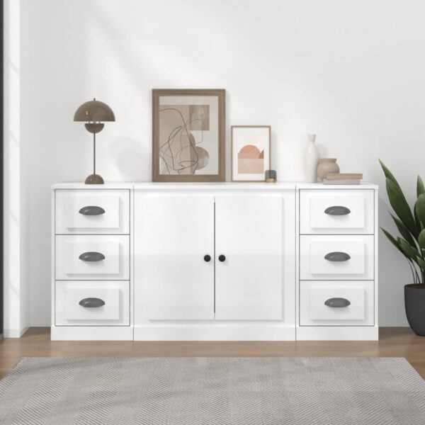 High Gloss White Engineered Wood Sideboards Set of 3 - Durable  Moisture Resistant  Ample Storage Space