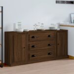 Classic Brown Oak Sideboards Set of 3  Engineered Wood  Ample Storage  Easy Assembly