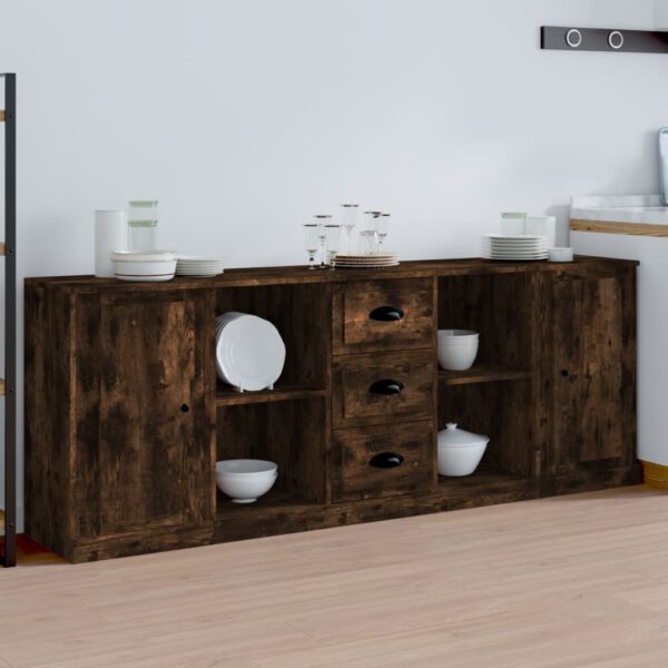 Classic Smoked Oak Engineered Wood Sideboards Set of 3  Durable  Ample Storage Space