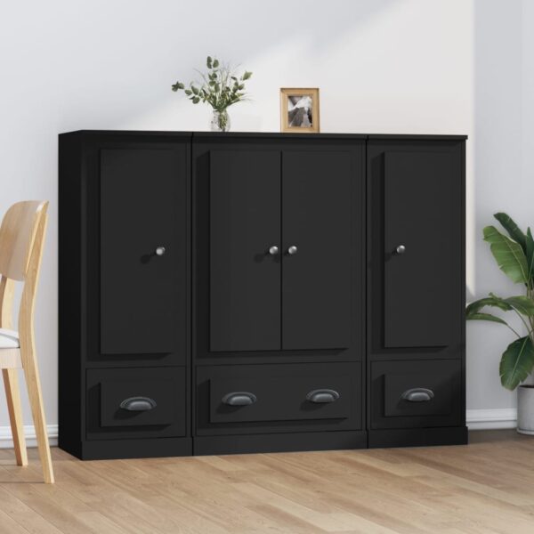 Stylish Set of 3 Black Highboards in Engineered Wood for Elegant Interior Decor