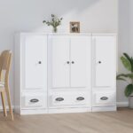 Stylish High Gloss White Highboards Set of 3  Engineered Wood  Ample Storage Space