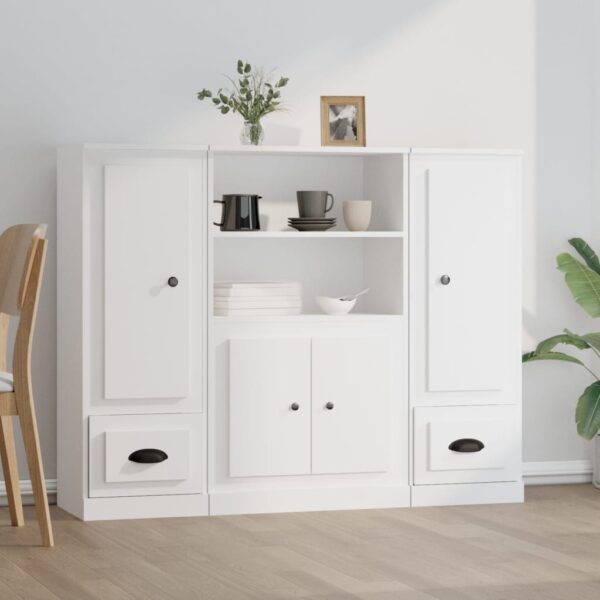 Stylish Set of 3 White Highboards in Engineered Wood for Elegant Interior Decor