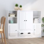 Stylish High Gloss White Highboards Set of 3  Engineered Wood  Ample Storage Space