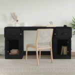 Desk with Cabinet Black Engineered Wood