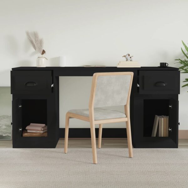 Desk with Cabinet Black Engineered Wood