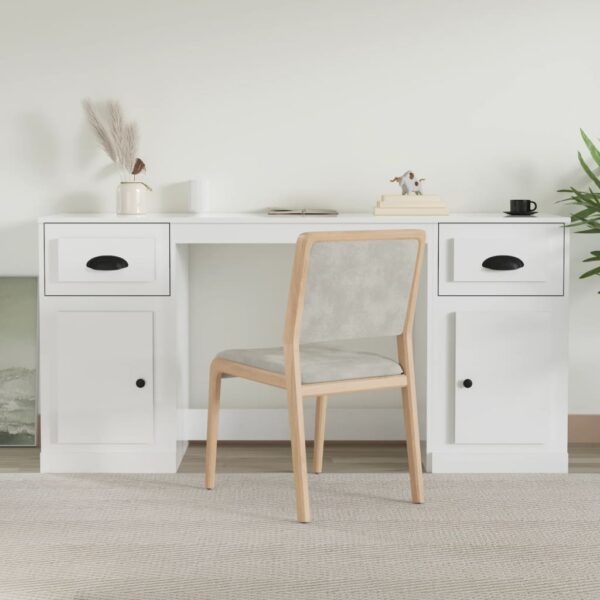 High Gloss White Engineered Wood Desk with Cabinet  Ample Storage  Elegant Design