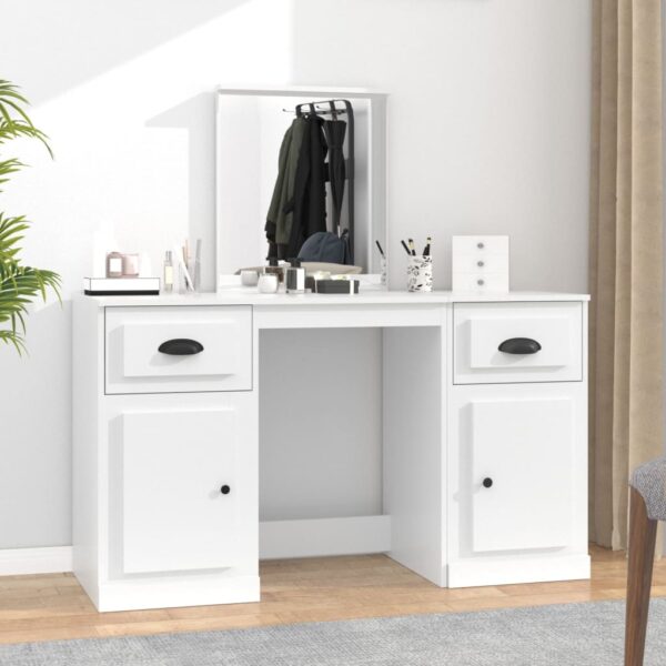 White Dressing Table with Mirror  Engineered Wood  Ample Storage  Moisture Resistant  Stable