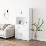 Stylish White Highboard Engineered Wood Wall-Mounted Ample Storage Space Durable