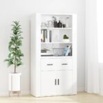 High Gloss White Highboard  Engineered Wood  Ample Storage  Wall-Mounted Function