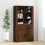 Stylish Highboard in Brown Oak  Engineered Wood  Ample Storage  Wall-Mounted Option