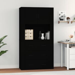 Stylish Highboard in Black Engineered Wood with Ample Storage Space and Wall-Mounted Function