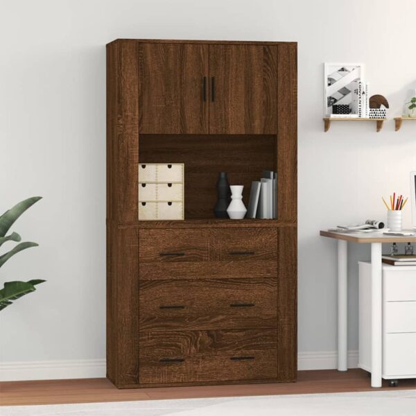 Stylish Highboard in Brown Oak  Engineered Wood  Ample Storage  Wall-Mounted Option