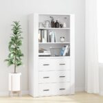 Stylish White Highboard Engineered Wood Wall-Mounted Ample Storage Space Durable