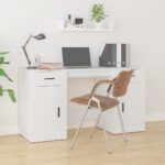 White Engineered Wood Desk with Cabinet  Ample Storage  Elegant Design  Durable Material